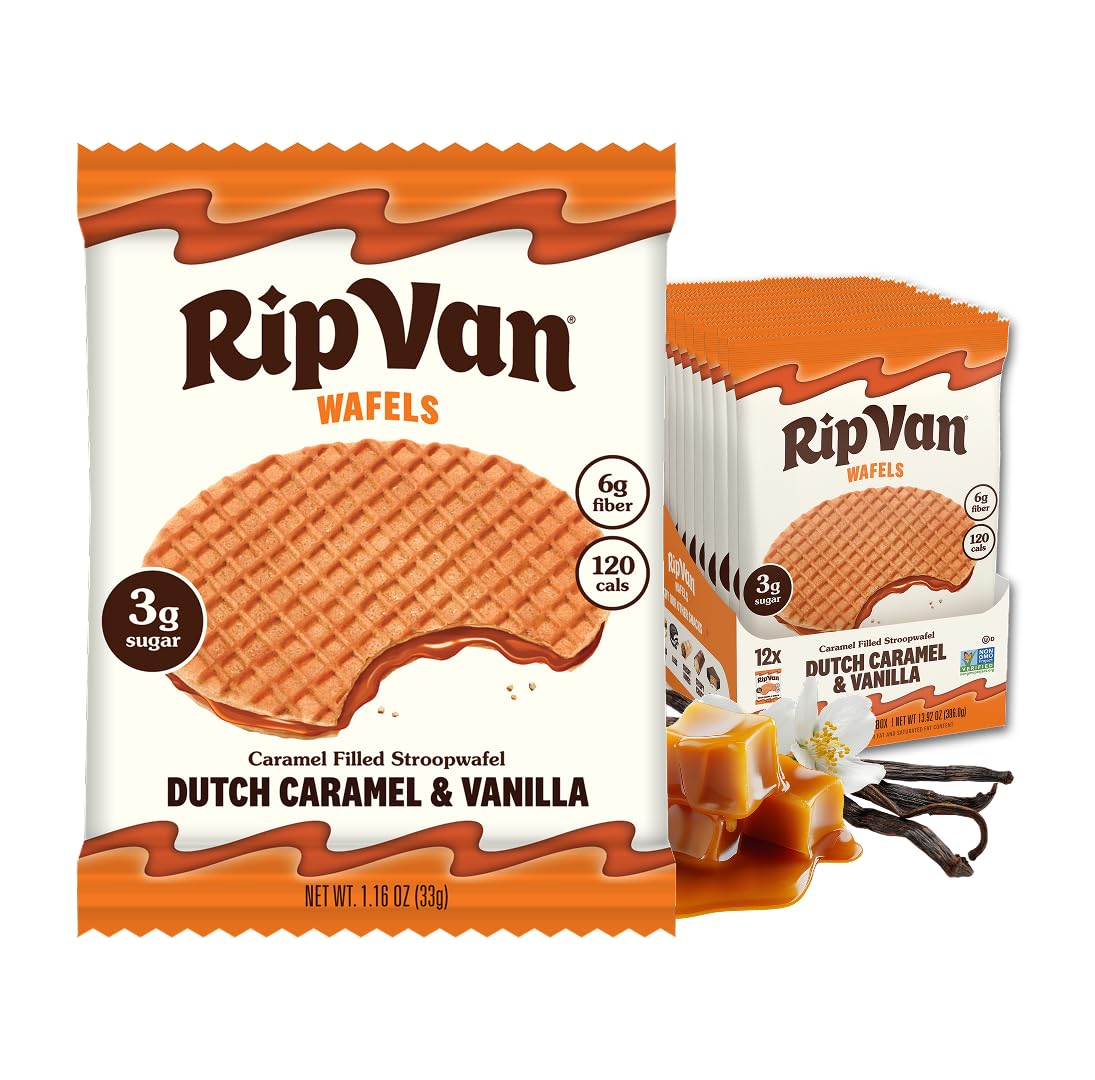 Rip Van Wafels Dutch Caramel & Vanilla Stroopwafels, Healthy Snacks, Non-GMO, Low Calorie, Low Sugar (3g), Office Snacks, Keto Friendly, 12 Count Rip Van Wafels Dutch Caramel & Vanilla Stroopwafels, Healthy Snacks, Non-GMO, Low Calorie, Low Sugar (3g), Office Snacks, Keto Friendly, 12 Count - Image 1