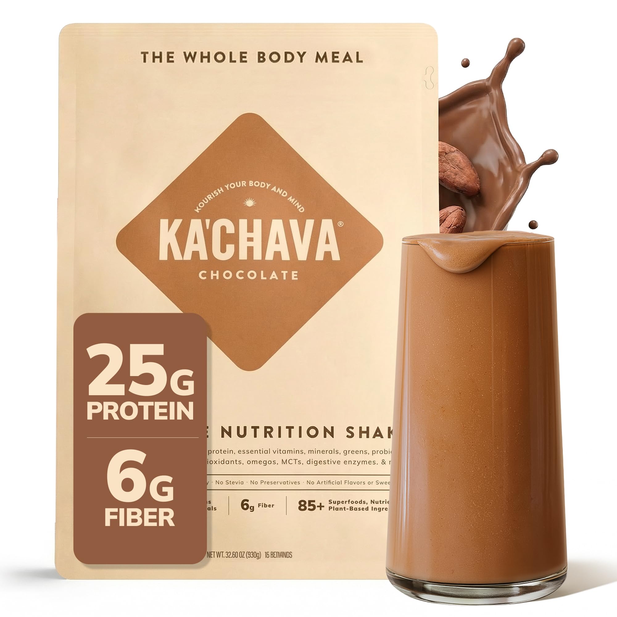 Ka’Chava Whole Body Meal Shake Chocolate 2 lb – Vegan Protein Powder with 85+ Superfoods & Greens – Plant-Based Meal Replacement with Probiotics & Digestive Enzymes – Gluten & Dairy Free (15 Servings) Ka’Chava Whole Body Meal Shake Chocolate 2 lb – Vegan Protein Powder with 85+ Superfoods & Greens – Plant-Based Meal Replacement with Probiotics & Digestive Enzymes – Gluten & Dairy Free (15 Servings) - Image 1