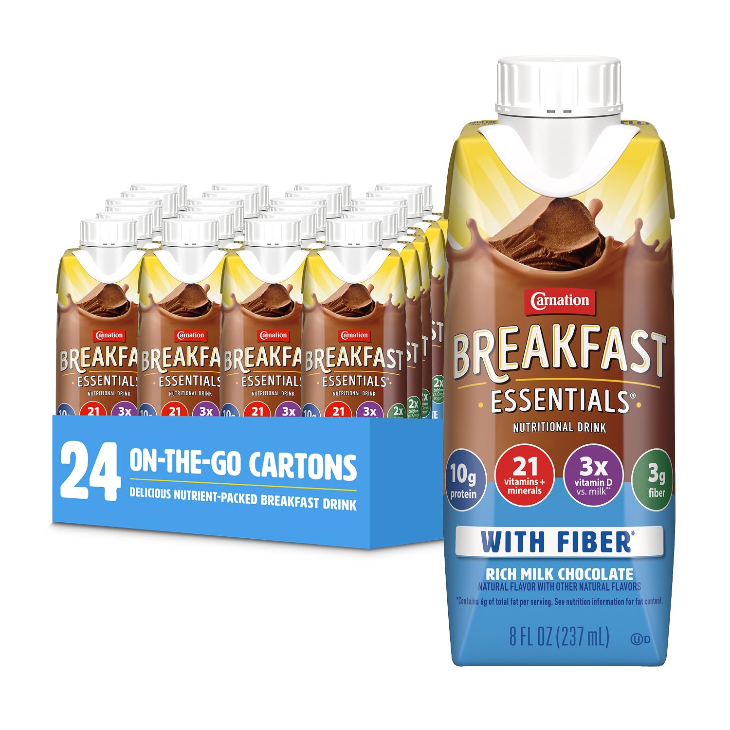 Carnation Breakfast Essentials Ready to Drink with Fiber, Rich Milk Chocolate, 8 FL OZ Carton (Pack of 24) Carnation Breakfast Essentials Ready to Drink with Fiber, Rich Milk Chocolate, 8 FL OZ Carton (Pack of 24) - Image 1