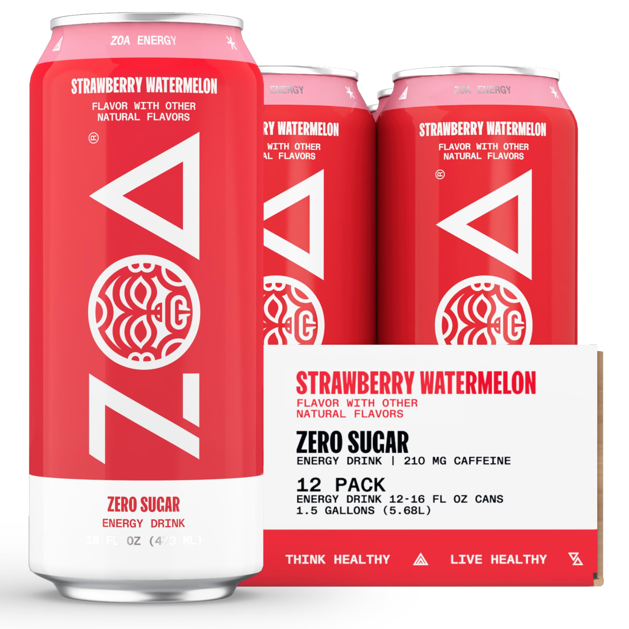ZOA Zero Sugar Energy Drinks - Strawberry Watermelon | Healthy Energy Formula with Daily Vitamin C, Essential B-Vitamins, All Natural Caffeine | No Crash or Jitters | 16 Ounce Cans (Pack of 12)