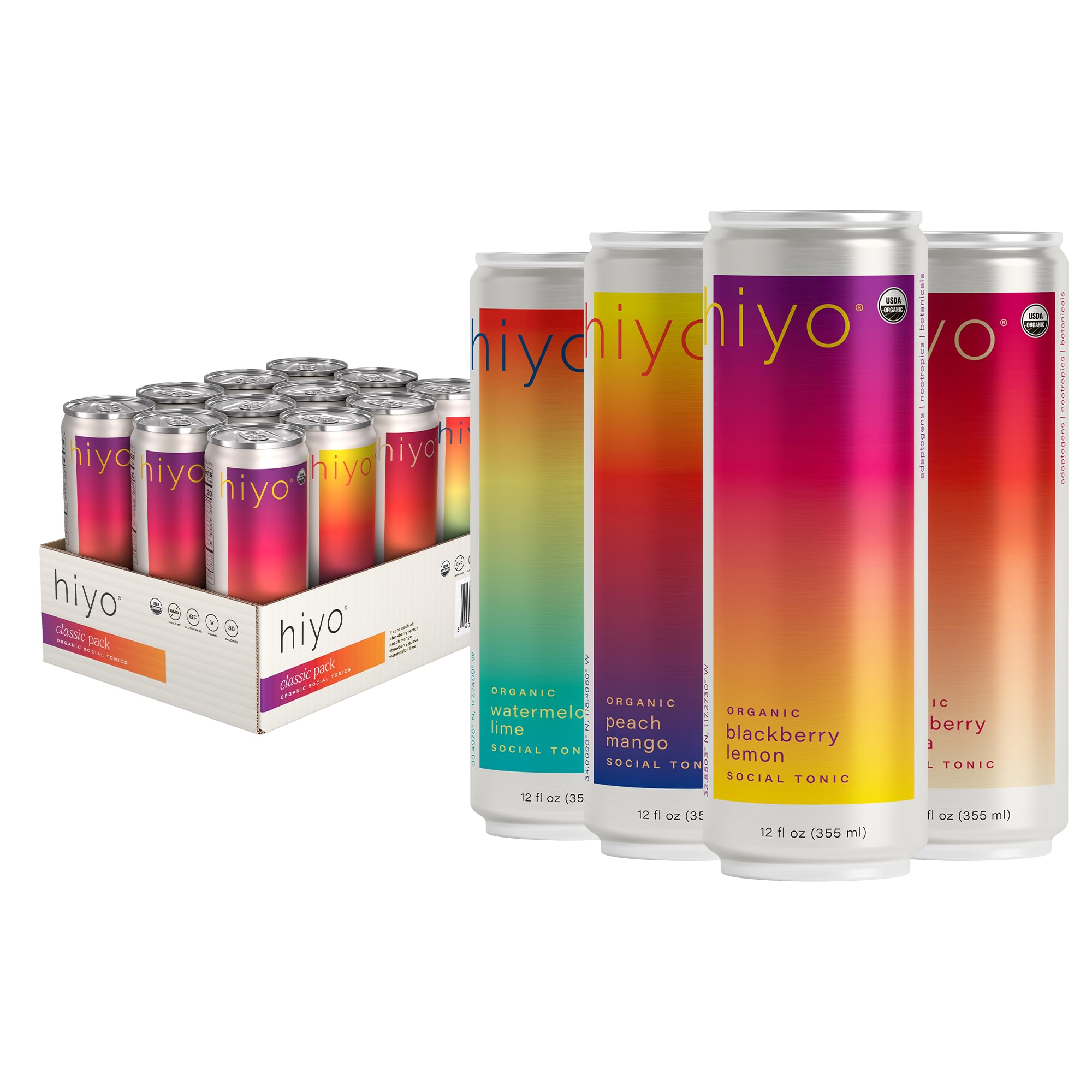 Hiyo Organic Social Tonic – Classic Pack, 12 Pack - Non-Alcoholic Functional Seltzer, Flavored Sparkling Water Crafted with Organic Adaptogens, Nootropics & Botanicals