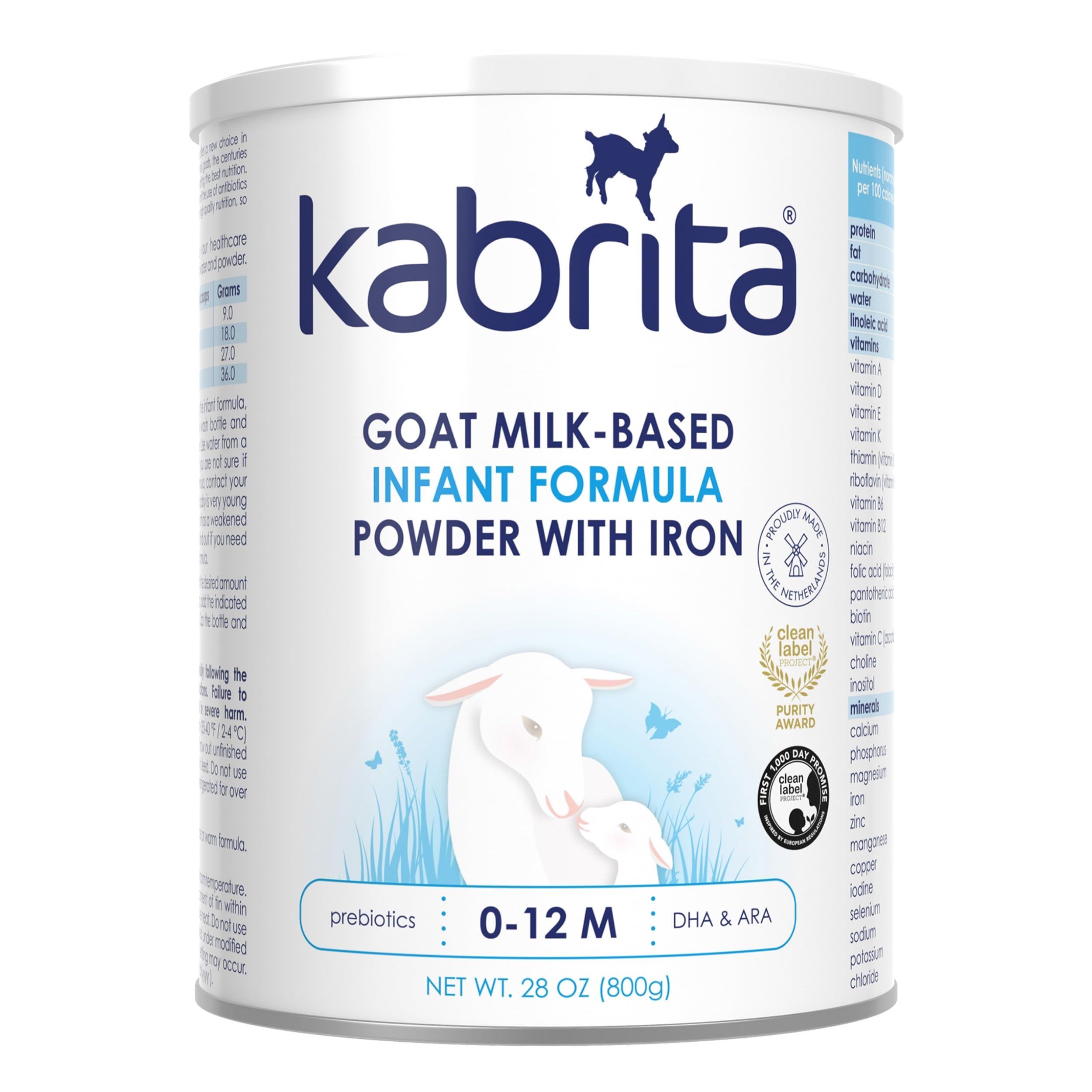 Kabrita Goat Milk-Based Infant Formula Powder, Designed for Gentle Digestion, Gentle Alternative to Cow’s Milk, with Iron, DHA, ARA & Prebiotics, for Infants 0–12 Months, Non-GMO, 28 oz