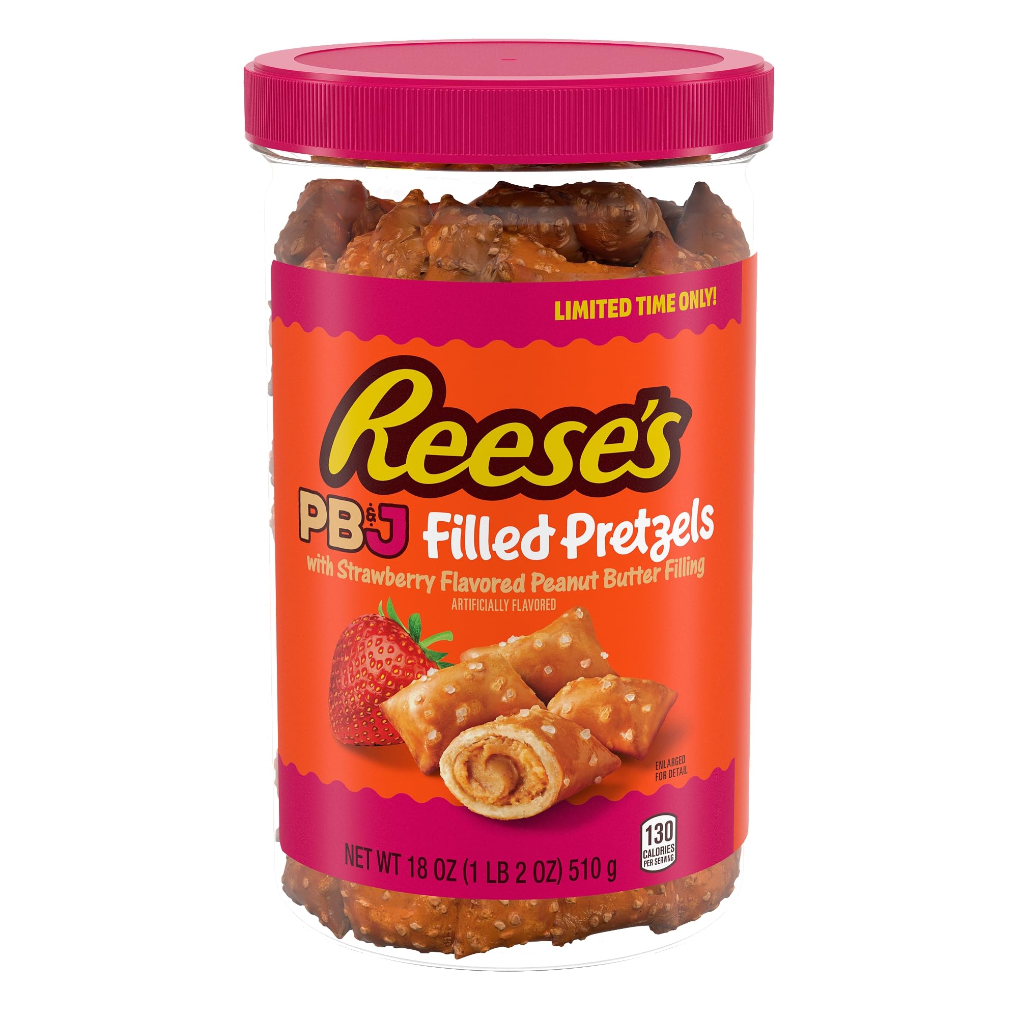 Reese's Filled Pretzels, Peanut Butter and Strawberry Flavored Pretzel Nuggets, Crunchy, Ready to Eat, Sweet and Salty Snack, 18 oz Cannister