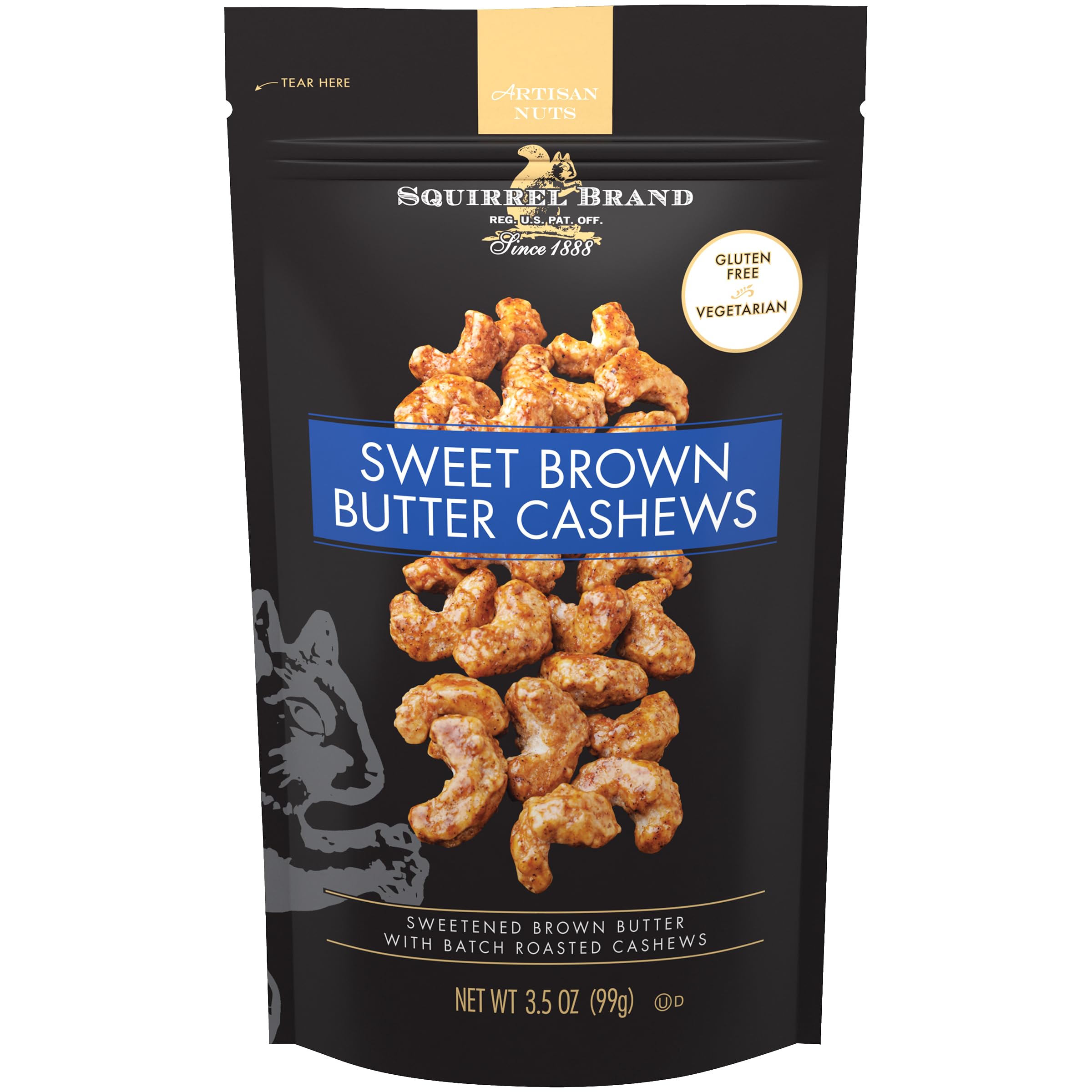 Squirrel Brand Sweet Brown Butter Cashews, 3.5 oz Resealable Bag, Gourmet Flavored Cashews Nuts, Gluten Free, Vegetarian