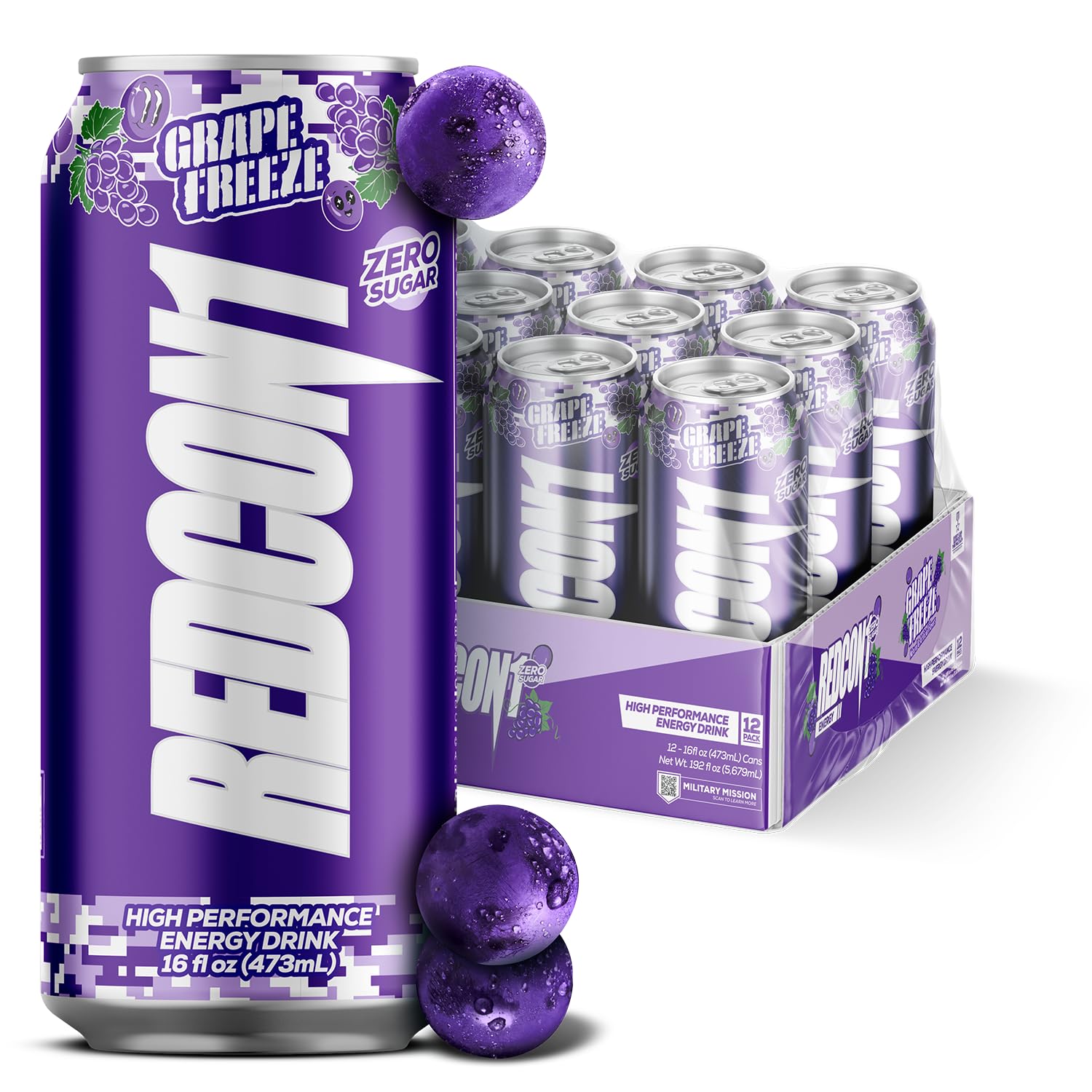 REDCON1 Energy High Performance Drink, Grape Freeze - Zero Sugar Energy Drink with Alpha GPC Nootropic - 200mg Natural Caffeine from Green Coffee Beans - Vitamin B6, B12 & B5 to Boost Mood (12 ct)