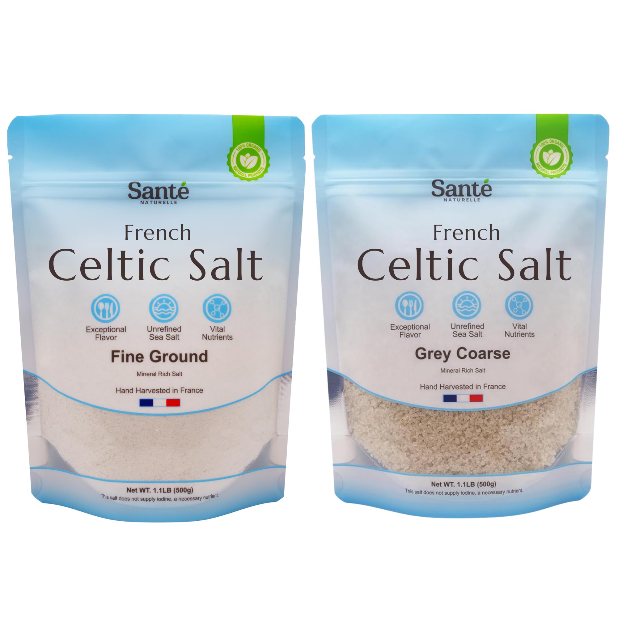Sante Naturelle Celtic Salt Organic Bundle (Fine Ground & Grey Coarse) - 1.1lb (18oz) Pack of 2. Unrefined Organic French Sea Salt, Rich in 82+ Minerals Salt, 100% Natural & Hand Harvested Sal Celtica