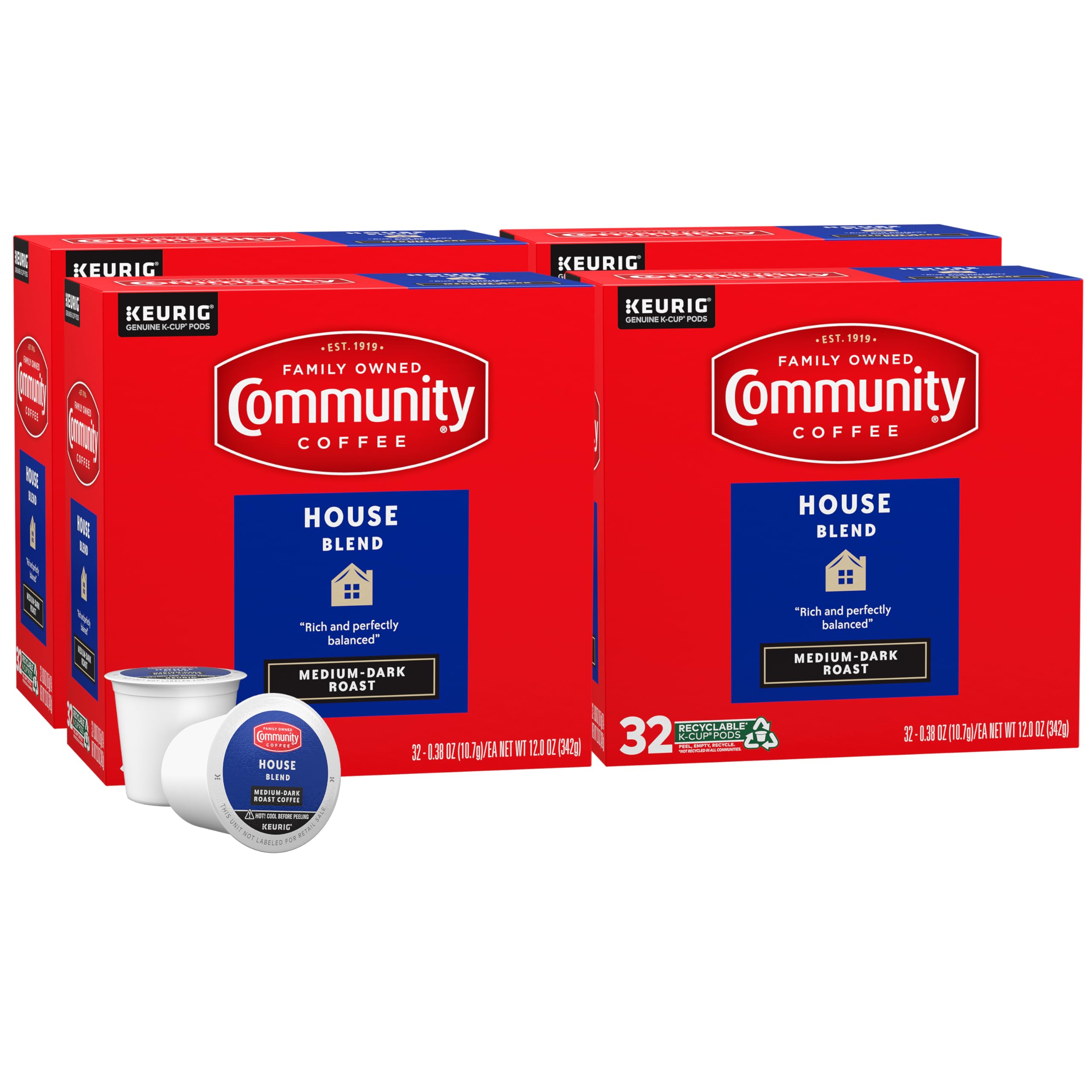 Community Coffee House Blend, Medium-Dark Roast, Single-Serve Keurig K-Cup Pods, 32 Count (Pack of 4) Community Coffee House Blend, Medium-Dark Roast, Single-Serve Keurig K-Cup Pods, 32 Count (Pack of 4) - Image 1