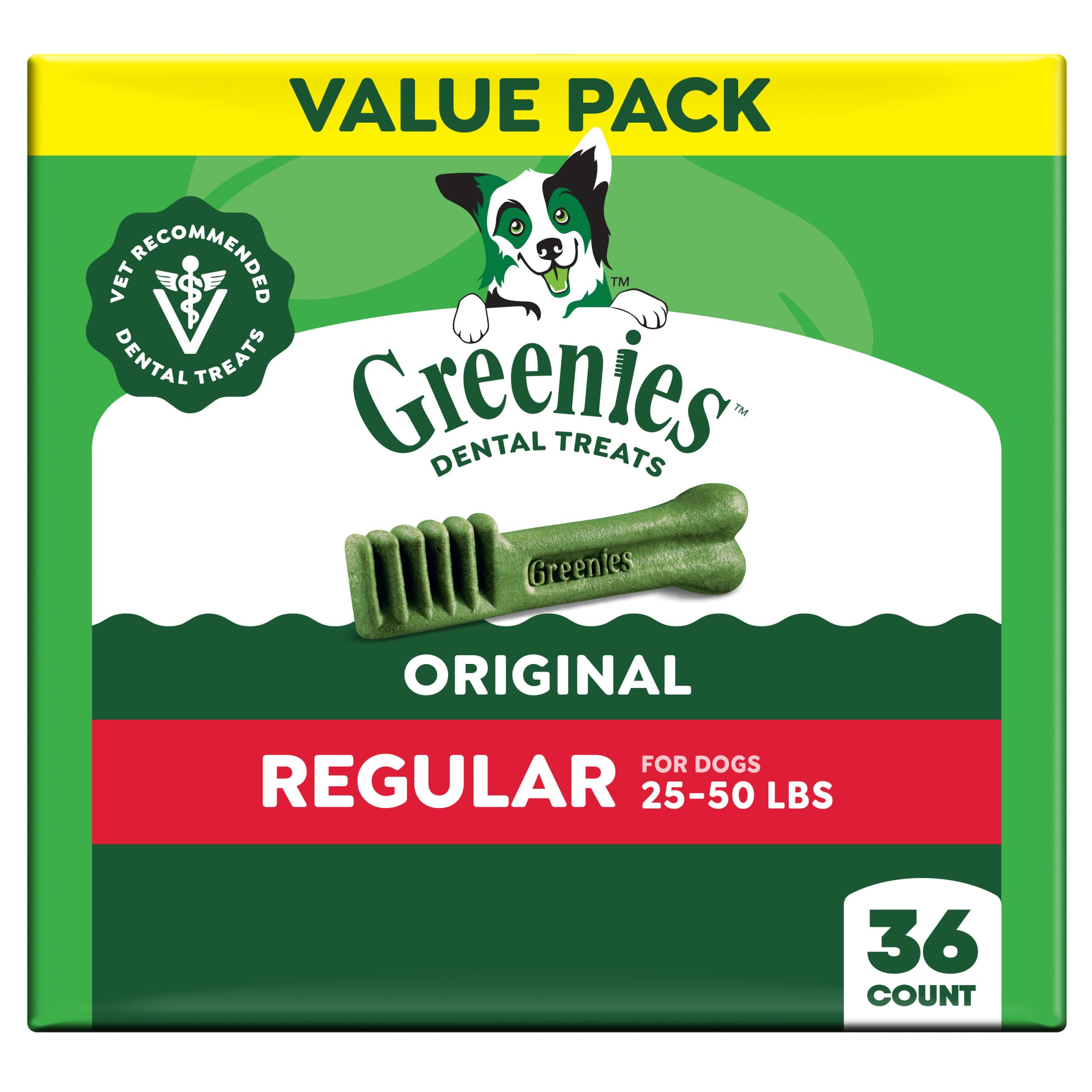 Greenies Veterinarian-Recommended Adult Natural Dental Dog Treats Regular Size, Dog Dental Chews, Original Flavor, 36 oz. Pack, 36 Count