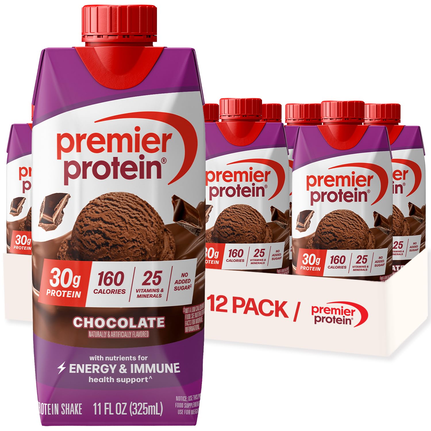 Premier Protein Shake, Chocolate, 30g Protein, No Added Sugar, 24 Vitamins & Minerals to Support Immune Health, 11 fl oz, 12 Pack