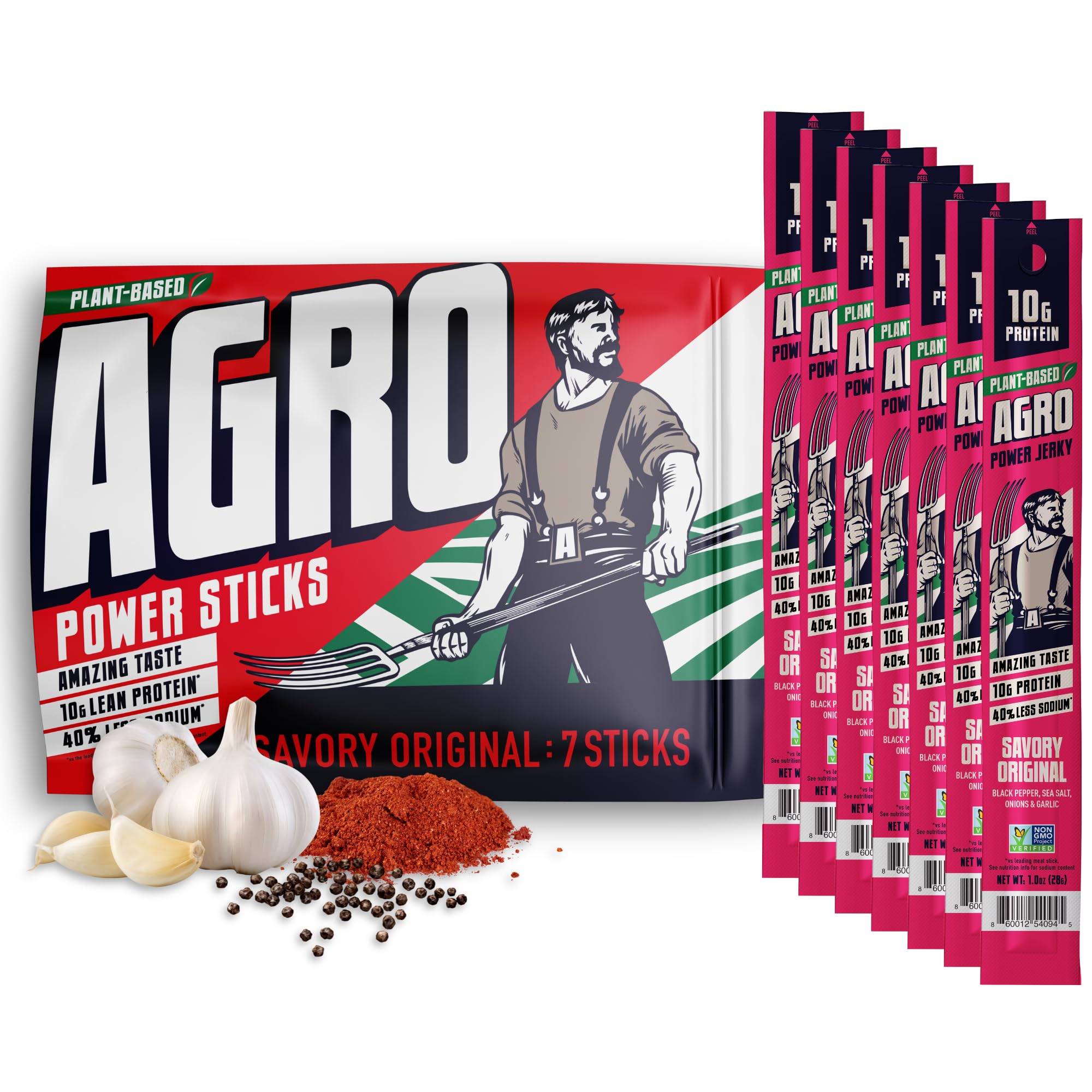 AGRO POWER Vegan Jerky Sticks, 10g Protein per Stick, Savory Original Plant-Based, 7 Stick Bag, Non-GMO, 40% Less Sodium, Zero Cholesterol, Meat Alternative, High Protein Snack for Lunch, On-the Go Fuel AGRO POWER Vegan Jerky Sticks, 10g Protein per Stick, Savory Original Plant-Based, 7 Stick Bag, Non-GMO, 40% Less Sodium, Zero Cholesterol, Meat Alternative, High Protein Snack for Lunch, On-the Go Fuel - Image 1