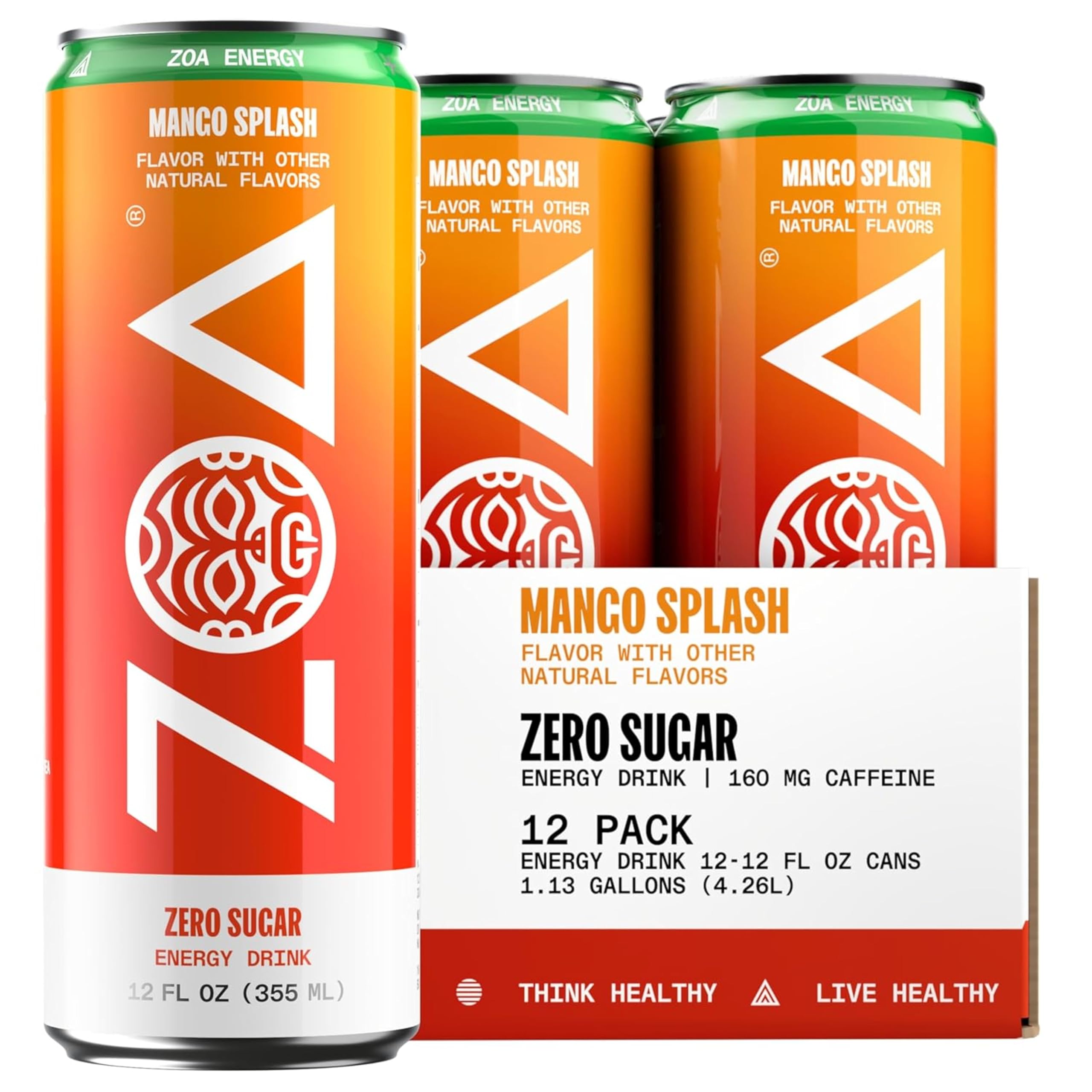 ZOA Zero Sugar Energy Drinks, Mango Splash - Sugar Free with Electrolytes, Healthy Vitamin C, Amino Acids, Essential B-Vitamins, and Caffeine from Green Tea - 12 Fl Oz (12-Pack)