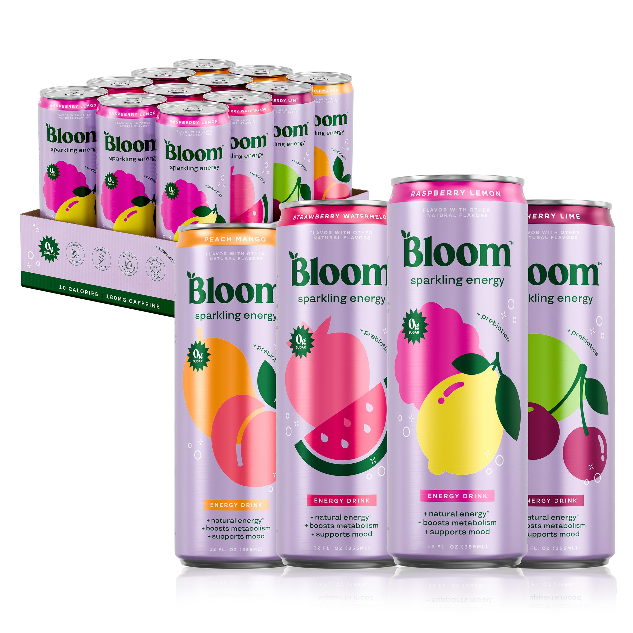 Bloom Nutrition Sparkling Energy Drink - Variety Pack - Natural Caffeine, Zero Sugar, 180mg Caffeine - Antioxidant-Rich with Green Coffee Bean, Green Tea Extract, Prebiotics - 12oz 12 Pack Bloom Nutrition Sparkling Energy Drink - Variety Pack - Natural Caffeine, Zero Sugar, 180mg Caffeine - Antioxidant-Rich with Green Coffee Bean, Green Tea Extract, Prebiotics - 12oz 12 Pack - Image 1