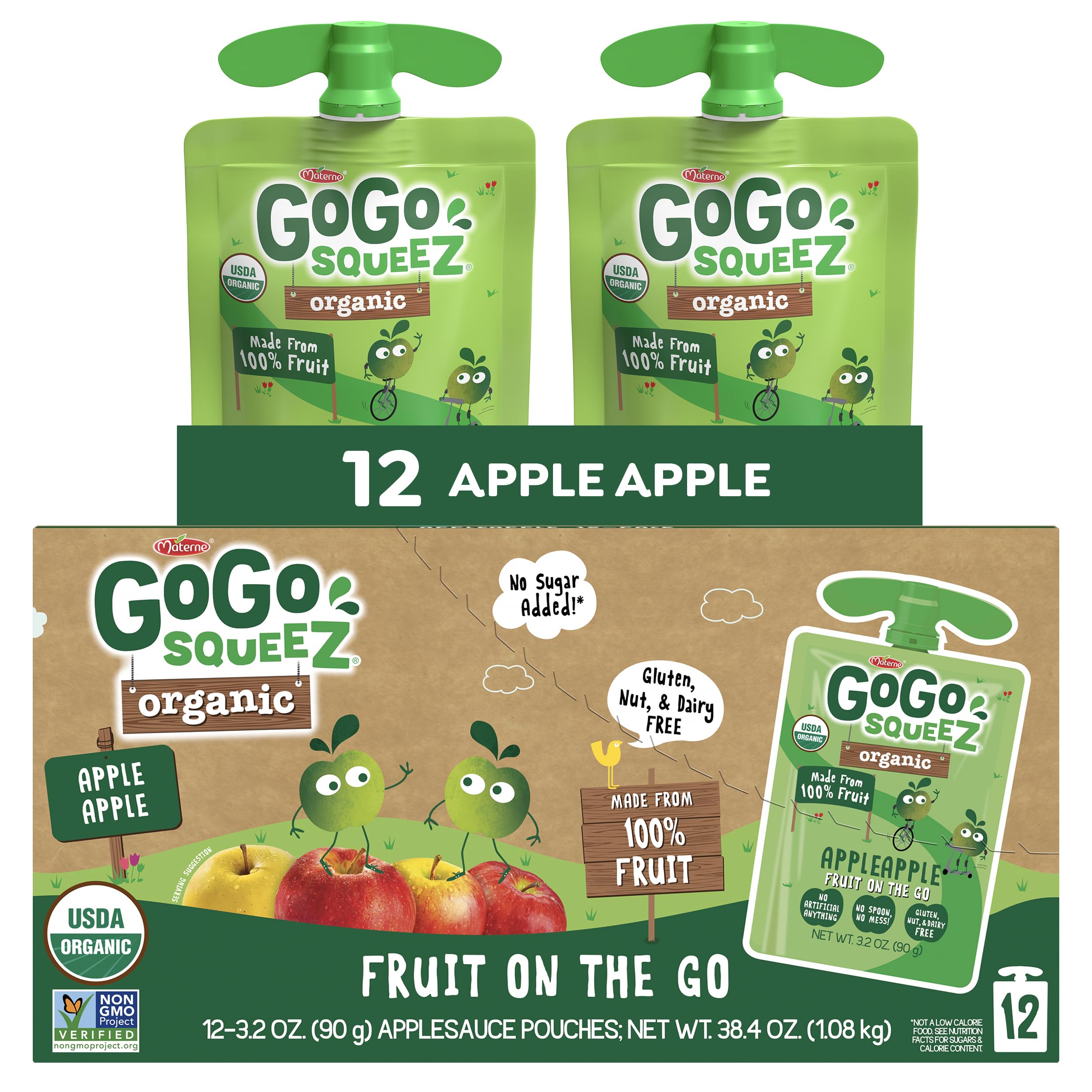 GoGo squeeZ No Sugar Added Organic Applesauce and Fruit Puree, Apple Apple, 3.2 oz Pouches (Pack of 12), Fruit Snacks for Kids, Gluten Free, Nut Free, Recloseable Cap, BPA Free
