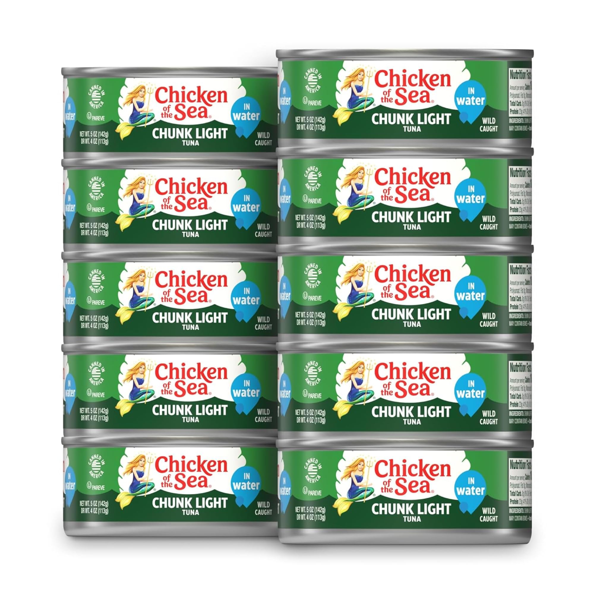Chicken of the Sea Wild Caught Chunk Light Tuna, 5 Ounce Cans, 10-Count – High Protein 100% Classic Chunk Tuna in Water – Delicious, Easy, Nutritious Ready to Eat Meals