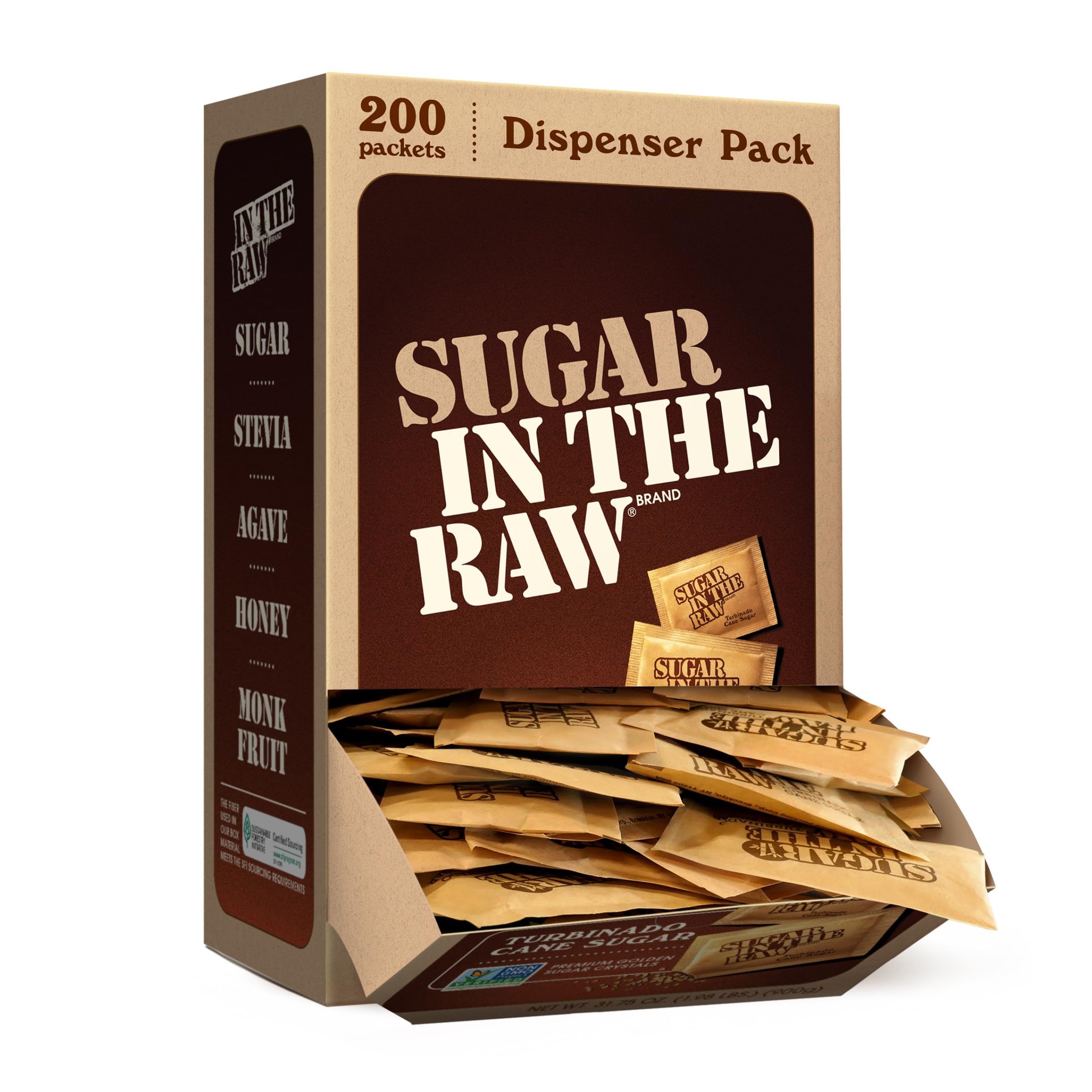 Sugar In The Raw Turbinado Cane Sugar Packets, 200 Ct Box, 1 Pack, Pure, All-Natural Turbinado Sugar, Non-GMO Project Verified, Kosher, Vegan and Gluten Free