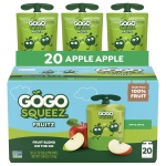 GoGo squeeZ No Sugar Added Applesauce and Fruit Puree, Apple, 3.2 oz Pouches (Pack of 20), Fruit Snacks for Kids, Gluten Free, Nut Free, Recloseable Cap, BPA Free