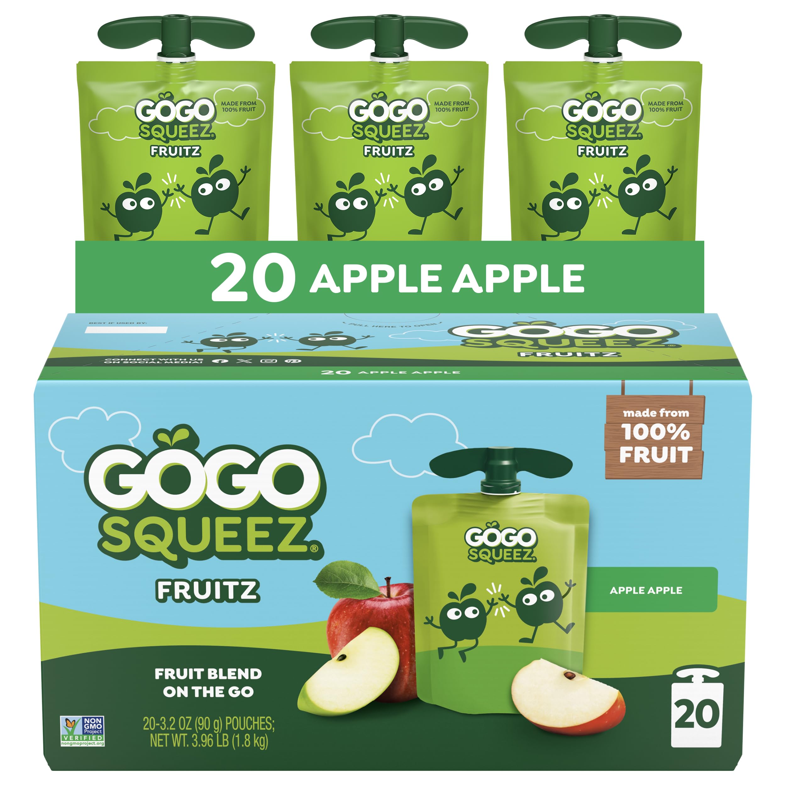 GoGo squeeZ No Sugar Added Applesauce and Fruit Puree, Apple, 3.2 oz Pouches (Pack of 20), Fruit Snacks for Kids, Gluten Free, Nut Free, Recloseable Cap, BPA Free