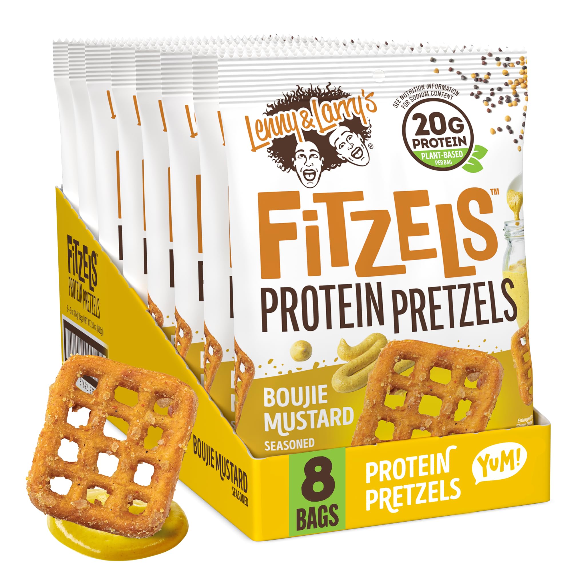 Lenny & Larry's FITZELS Protein Pretzels (Boujie Mustard) 8 Individual Bags 3 oz Each – High Protein Snacks with 20g of Plant Based Protein – Healthy Vegan Pretzels – Delicious Salty Taste Lenny & Larry's FITZELS Protein Pretzels (Boujie Mustard) 8 Individual Bags 3 oz Each – High Protein Snacks with 20g of Plant Based Protein – Healthy Vegan Pretzels – Delicious Salty Taste - Image 1