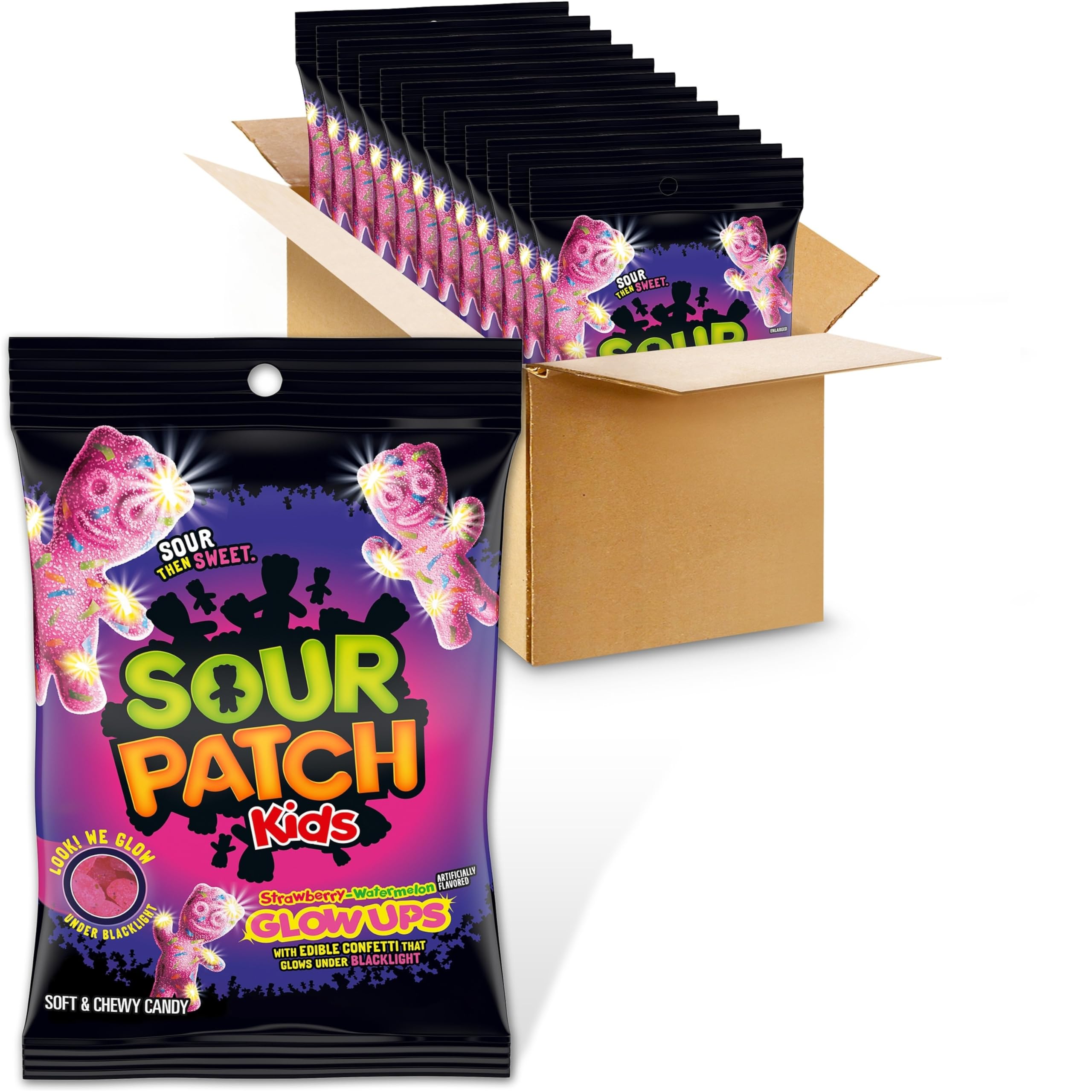 SOUR PATCH KIDS Glow Ups Strawberry-Watermelon Soft & Chewy Gummy Candy, Bulk Candy, 12-6.7 oz Bags