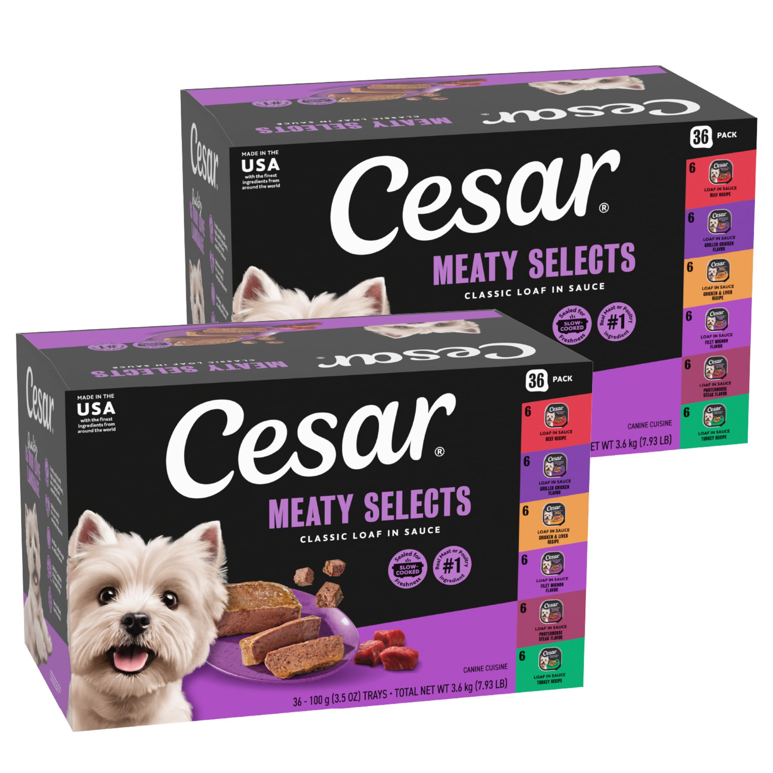 Cesar Wet Dog Food Classic Loaf in Sauce Grilled Chicken, Filet Mignon, Porterhouse Steak, Beef, Chicken & Liver and Turkey Variety Pack 3.5 oz. Easy Peel Trays (36 Count, Pack of 1)