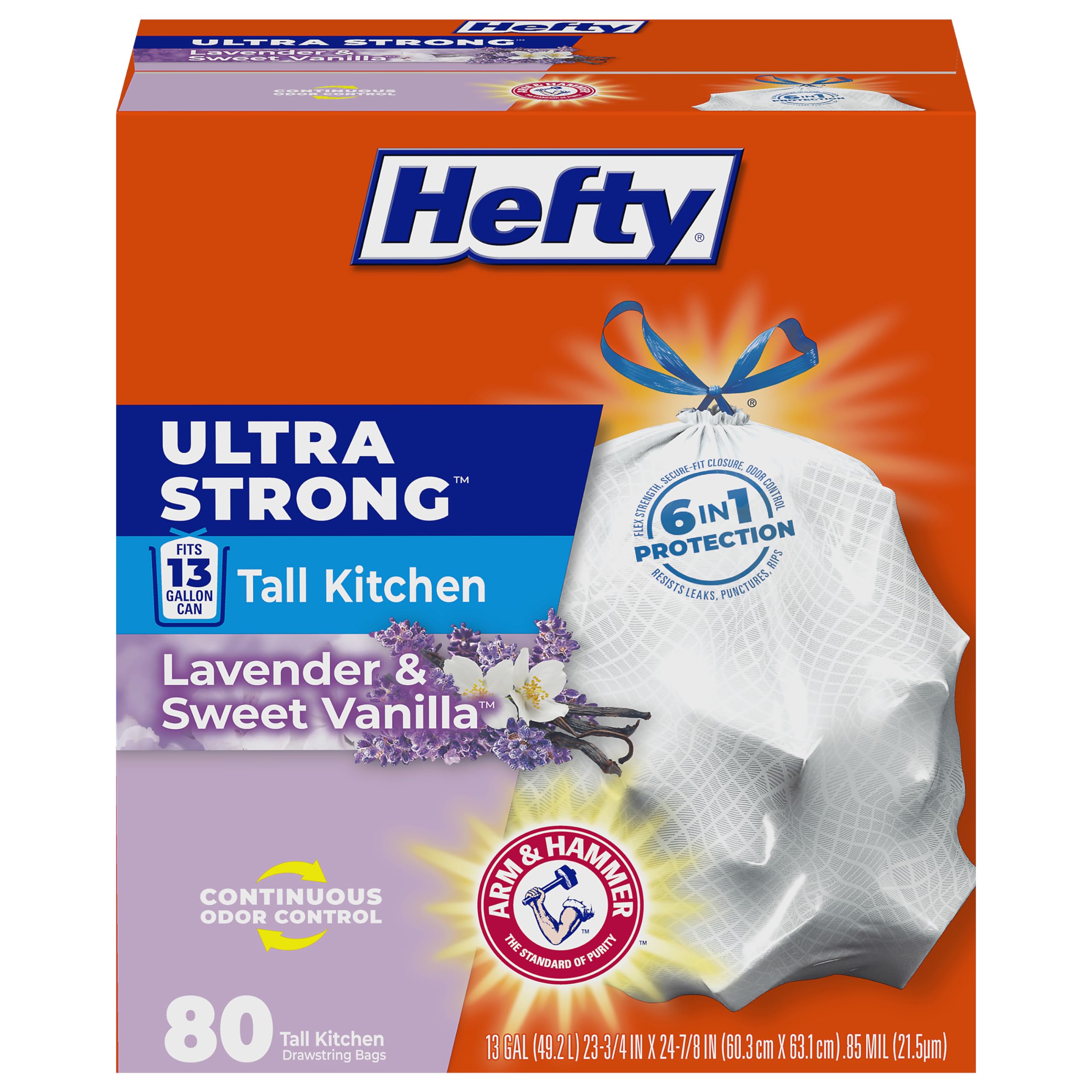 Hefty Ultra Strong 13 Gallon Trash Bags, Tall Kitchen Trash Bags 13 Gallon Size, Drawstring Closure, Continuous Odor Control, White, Lavender and Sweet Vanilla Scent, 80 Bags