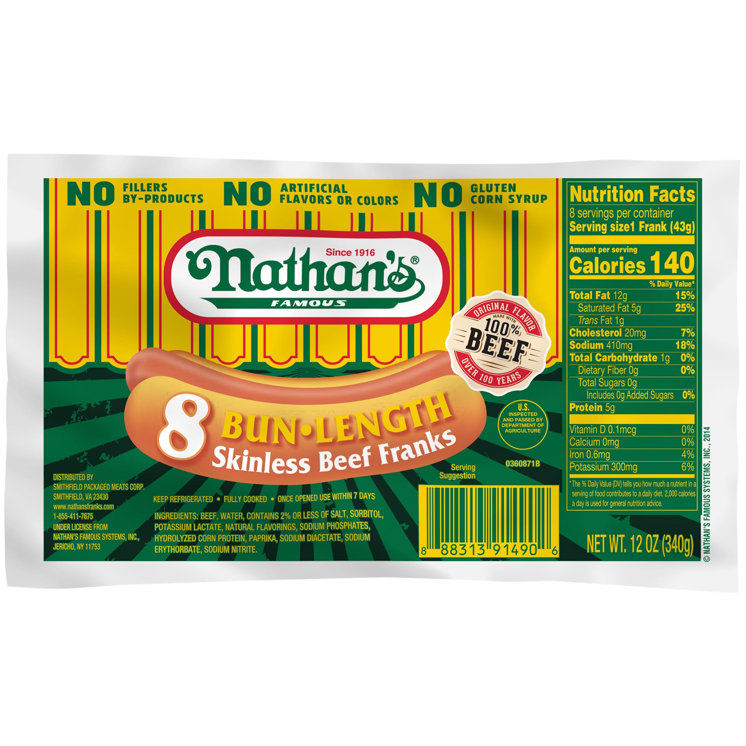 Nathans, 8 Bun Length Skinless Beef Franks, 12 Ounce