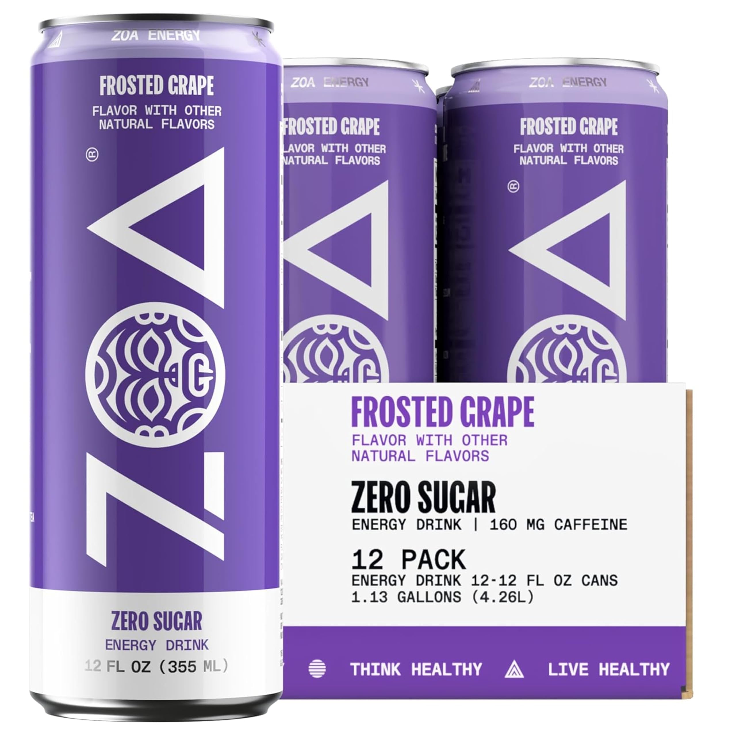 ZOA Zero Sugar Energy Drinks - Frosted Grape | Healthy Energy Formula with Natural Caffeine, Daily Vitamin C, Essential B-Vitamins | Gluten-Free, Keto Friendly | 12 Ounce Cans (Pack Of 12)
