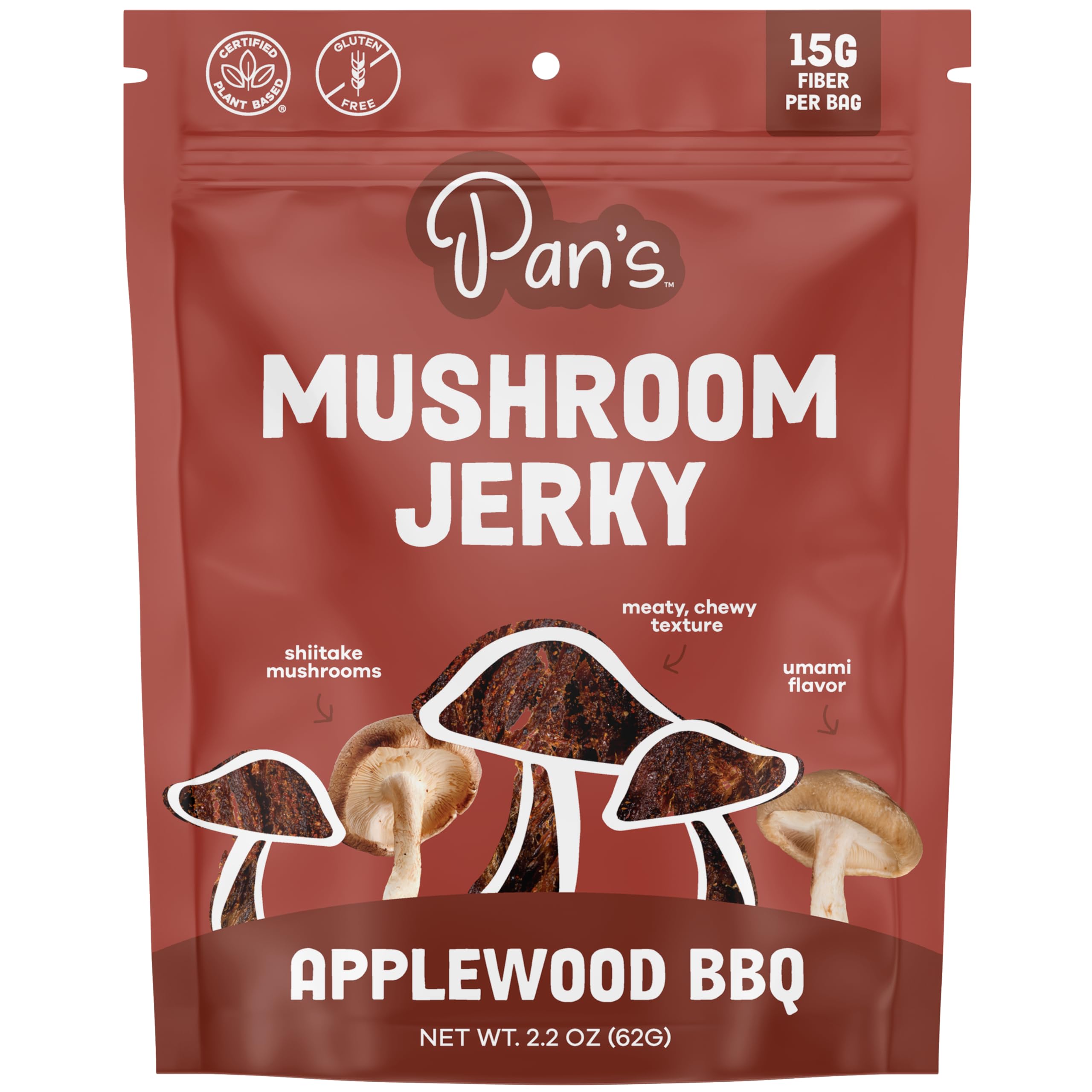Pan's Mushroom Jerky, Organic, Vegan Snacks, Dried Mushrooms Shitake, Plant based Jerky, Meatless Jerky, Gluten Free, High in Fiber, with Applewood BBQ flavor (2.2 Ounce, Pack of 1)