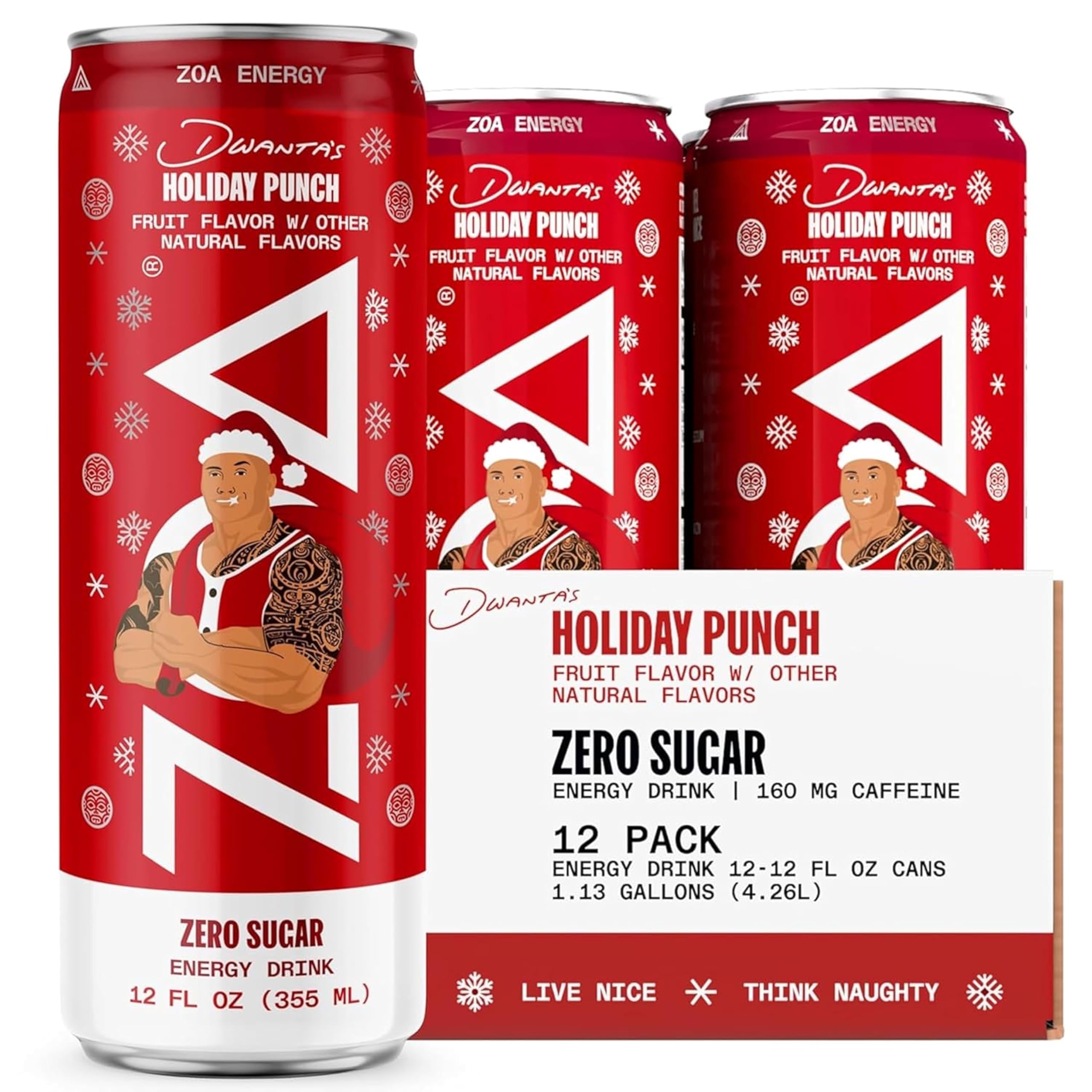 ZOA Energy Sugar Free Energy Drinks With Electrolytes For Hydration, Dwanta's Holiday Punch, 12 Pack, 12 FL OZ Cans