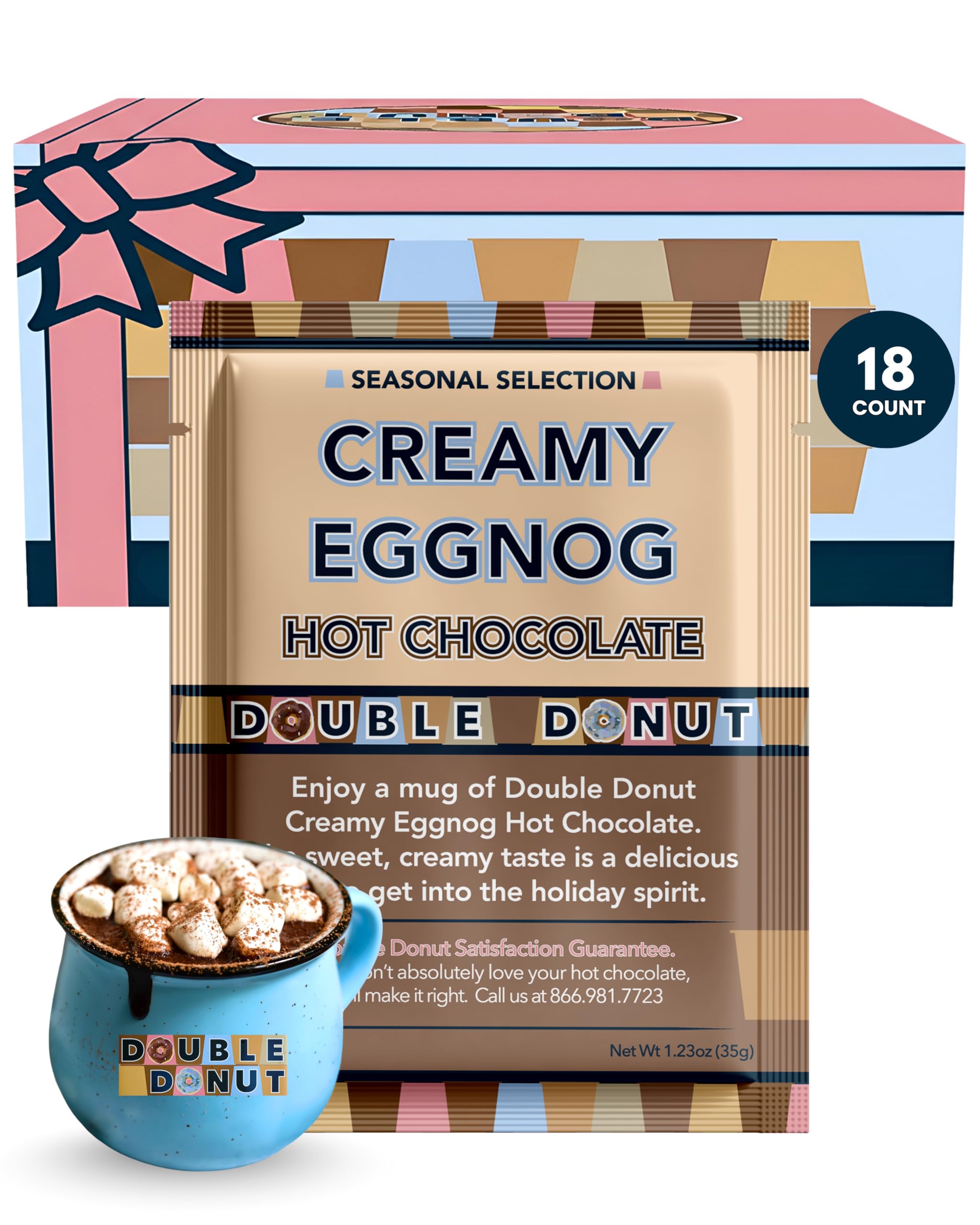 Double Donut Coffee Creamy Eggnog Hot Chocolate Mix Packets, Flavored Eggnog Hot Cocoa Mix, 18 Count