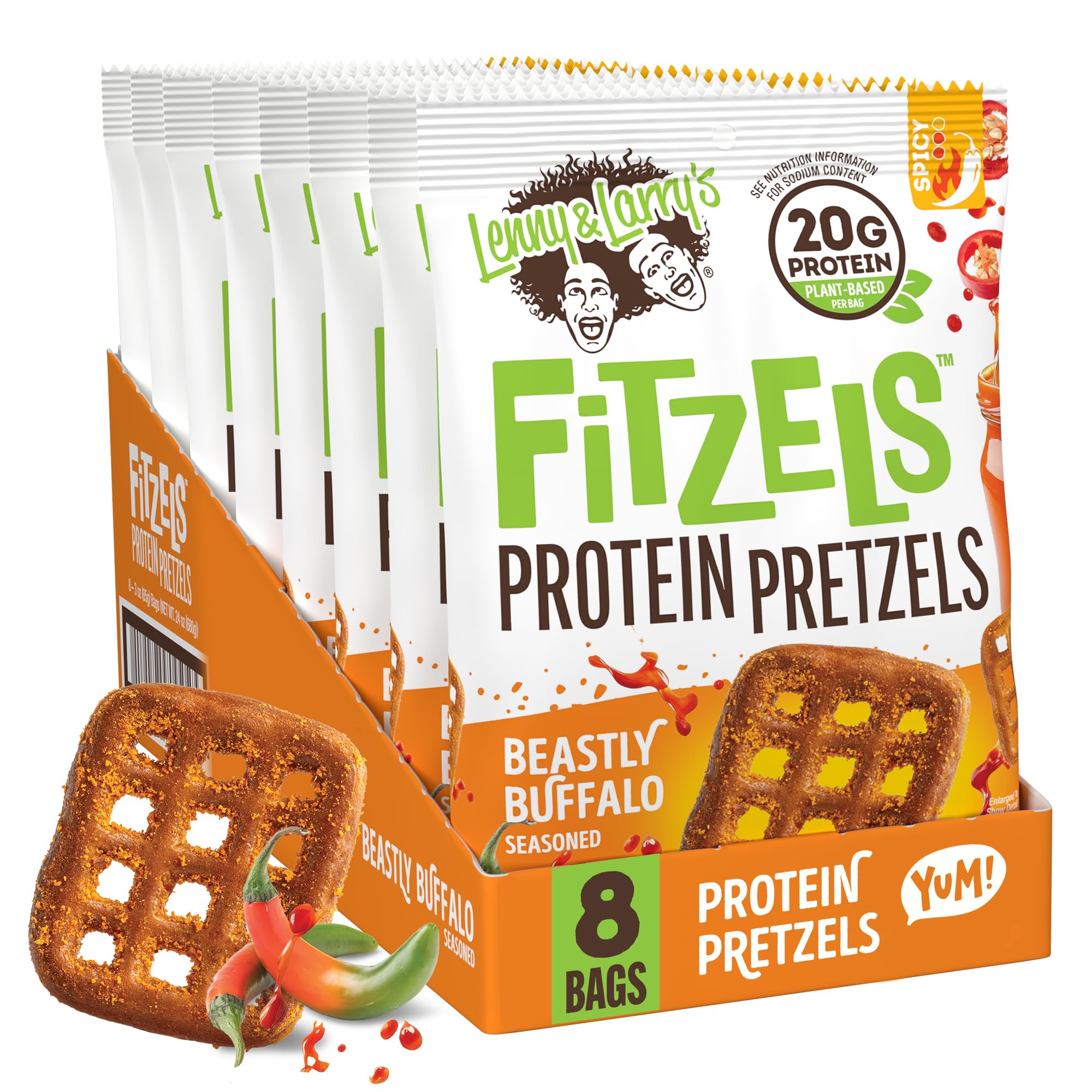 Lenny & Larry's FITZELS Protein Pretzels [Beastly Buffalo] – 8 x 3oz Bags of High Protein Snacks with 20g Plant Based Protein – Vegan Snack – Incredibly Tasty with Salty Crunch