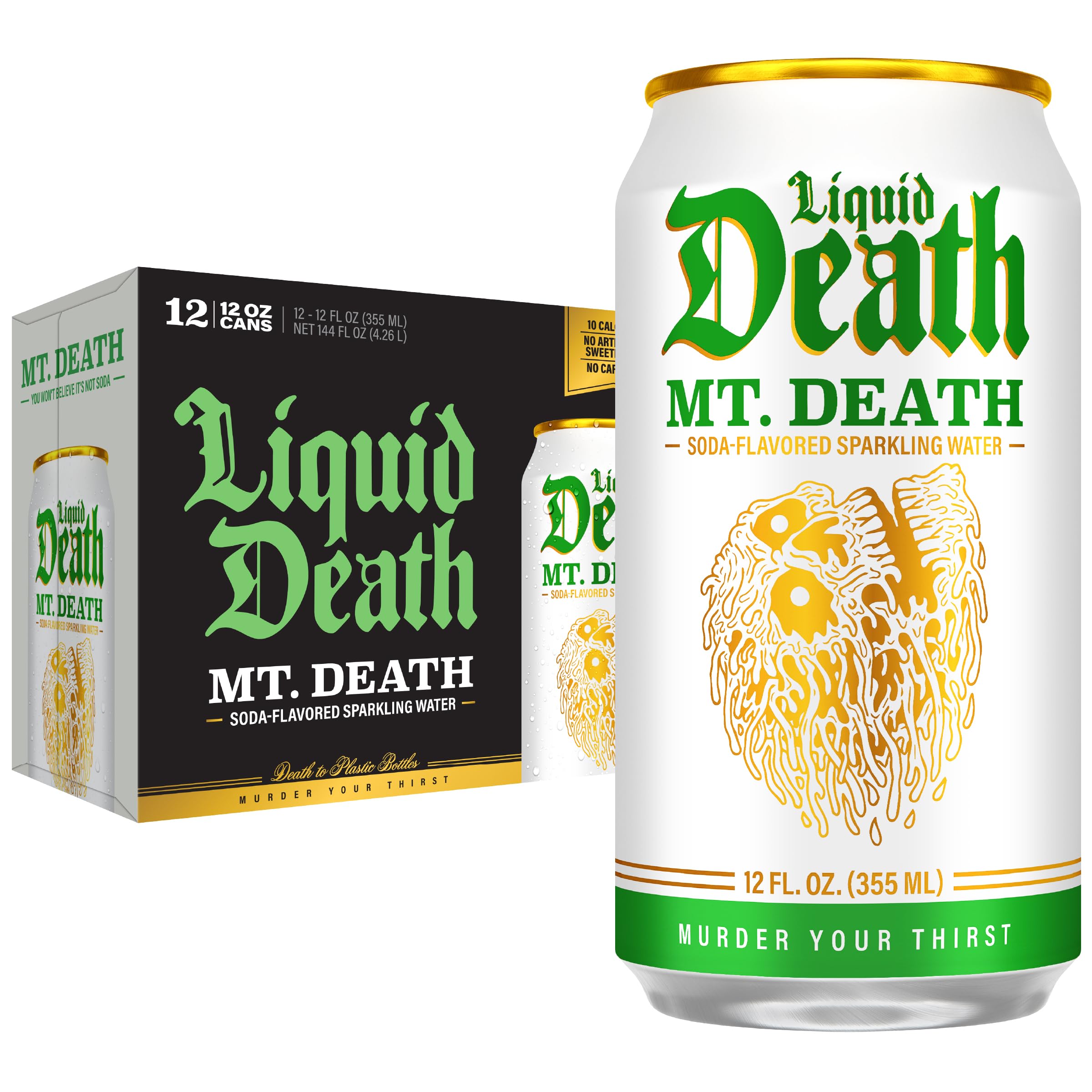 Liquid Death Soda-Flavored Sparkling Water - MT. DEATH, Less Sugar*, Huge Flavor, No Caffeine, No Artificial Sweeteners, 12 Fl Oz (Pack of 12)