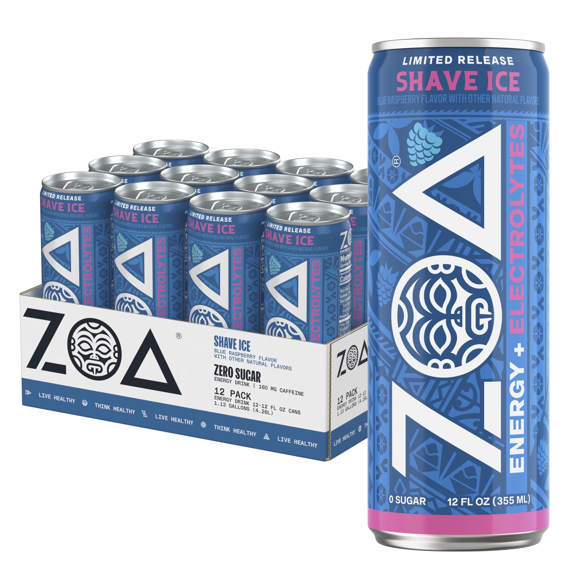 ZOA Sugar Free Energy Drinks with Electrolytes, Shave Ice Blue Raspberry, with Vitamin C, Amino Acids, B-Vitamins, Made with Green Tea Caffeine, 12 oz, 12 Pack