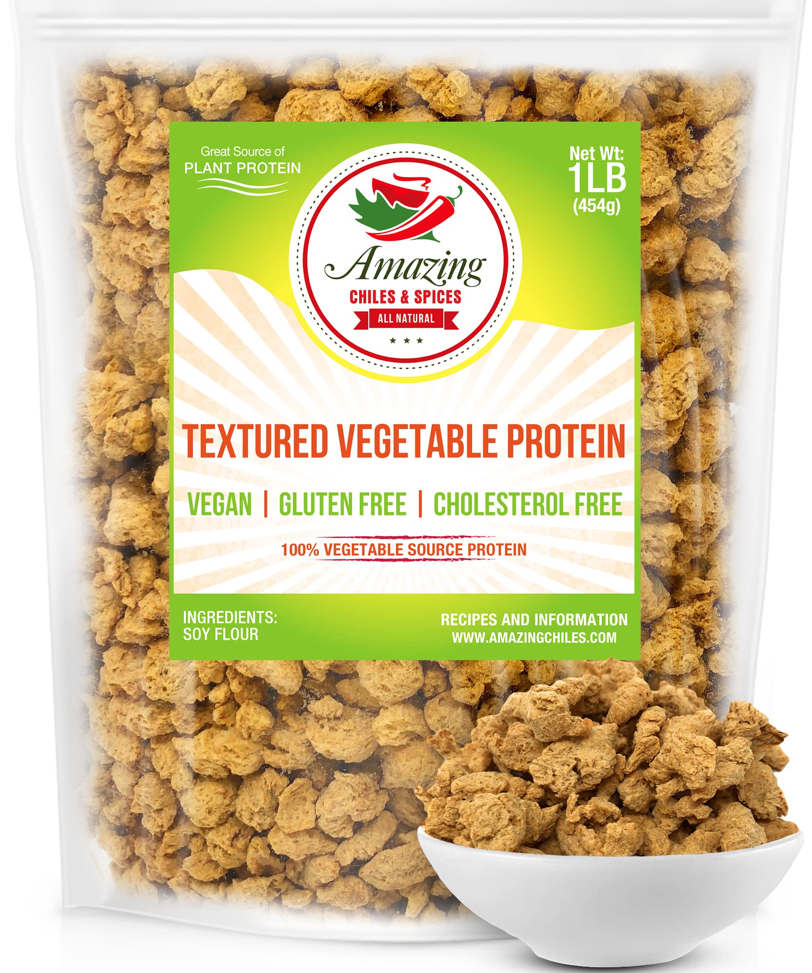 Textured Vegetable Protein (TVP) 1LB – Unflavored Plant-Based Meat Substitute, Vegan Meat Chunks, High Protein Meat Alternatives - Non-GMO, Gluten Free Crumbles by Amazing Chiles & Spices