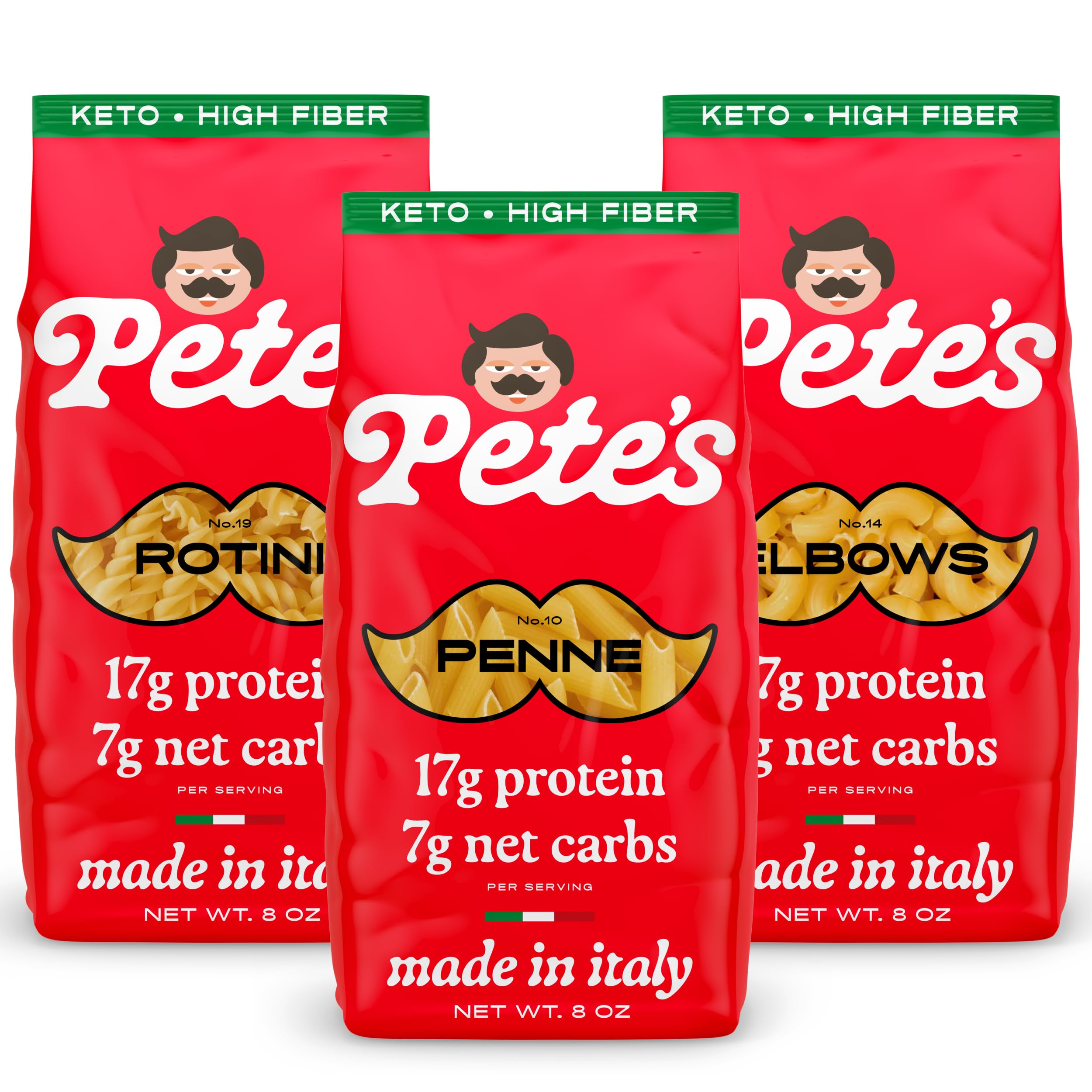 Low Carb, Protein Pasta Variety | Penne, Rotini, Elbow Macaroni with 17g Protein, 7g Carbs | Healthy, Keto Pasta Made in Italy | 3-Pack, 8oz - Pete’s Pasta Low Carb, Protein Pasta Variety | Penne, Rotini, Elbow Macaroni with 17g Protein, 7g Carbs | Healthy, Keto Pasta Made in Italy | 3-Pack, 8oz - Pete’s Pasta - Image 1