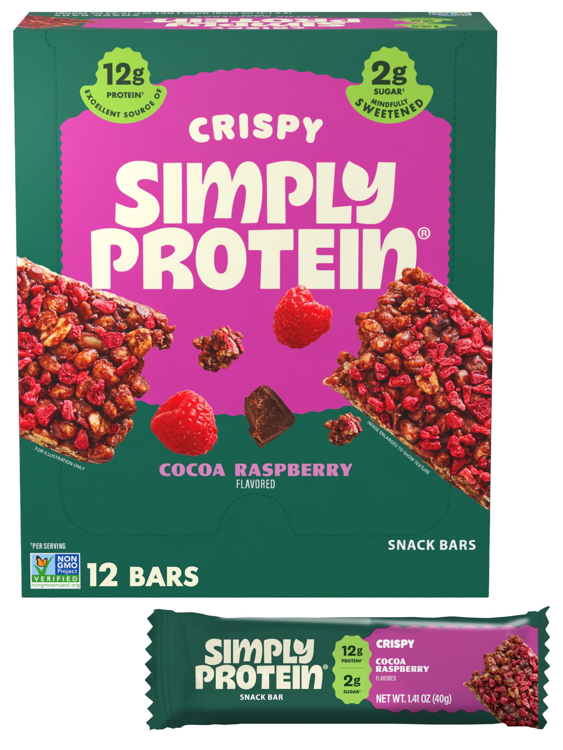 Simply Protein - Cocoa Raspberry Crispy Bars - Plant Based Protein Bars - Low Carb, Low Sugar, High Fiber - 13g Protein, 2g Sugar, 7g Fiber - Vegan, Gluten Free, Non GMO, Kosher - 12 Bars