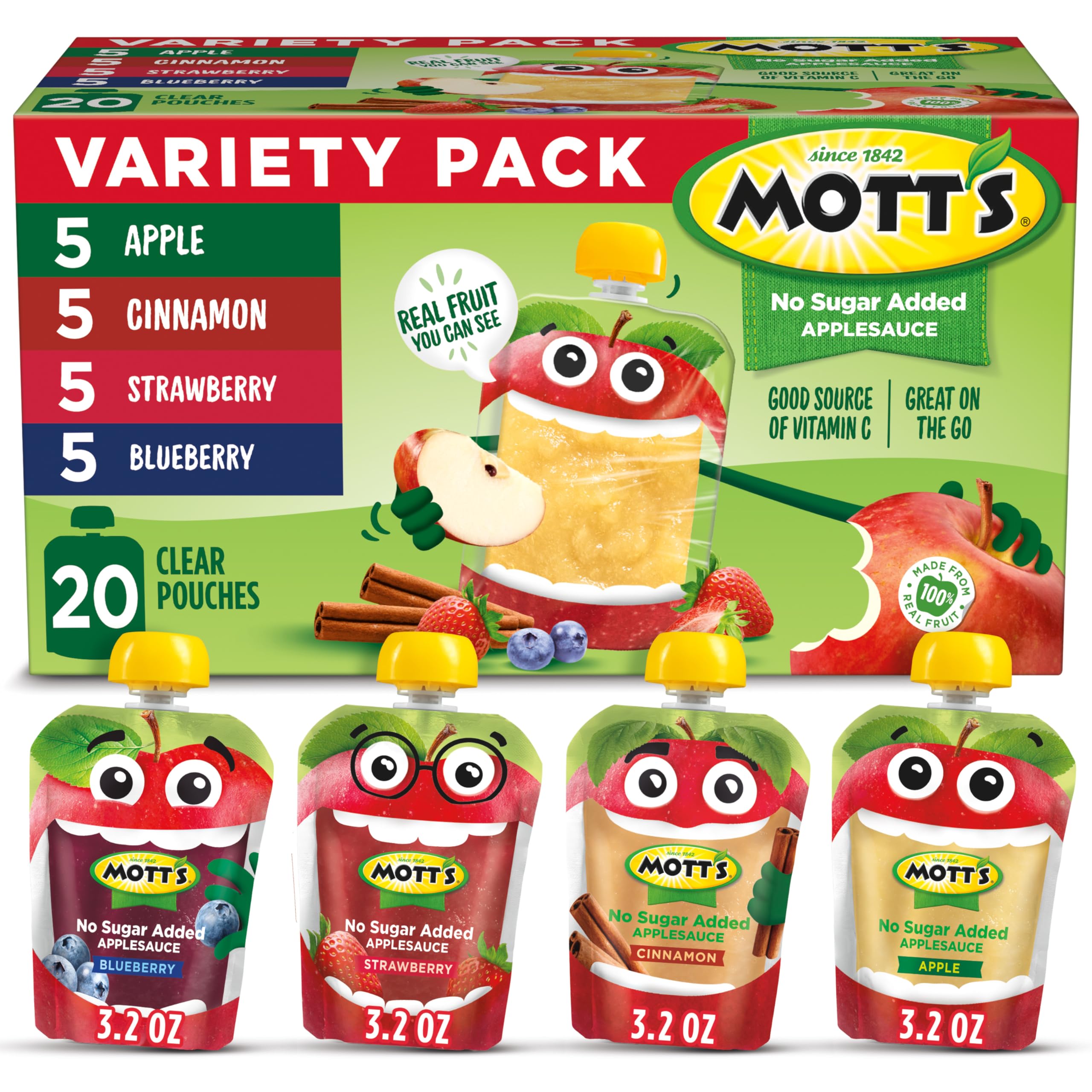 Mott's No Sugar Added Applesauce Variety Pack, 4 Flavors – Apple, Strawberry, Cinnamon & Blueberry, Made from Real Fruit, No Artificial Flavors, 3.2 Clear Pouches, 20 Pack Mott's No Sugar Added Applesauce Variety Pack, 4 Flavors – Apple, Strawberry, Cinnamon & Blueberry, Made from Real Fruit, No Artificial Flavors, 3.2 Clear Pouches, 20 Pack - Image 1